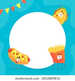 Fast Food Design with Humanized Hot Dog and French Fries Near Empty Round Shape Vector Template