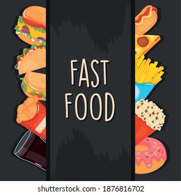 fast food design with food icons over black background, colorful design, vector illustration