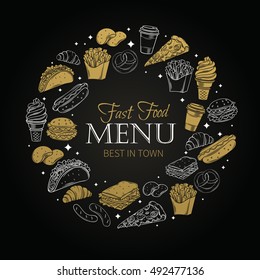 Fast food design menu. Vector hand drawn icons fast food. Illustration with snacks, hamburger, fries, hot dog, tacos, coffee, sandwich, ice cream in old ink style.