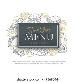 Fast food design menu. Vector hand drawn icons fast food. Illustration with snacks, hamburger, fries, hot dog, tacos, coffee, sandwich, ice cream in old ink style.