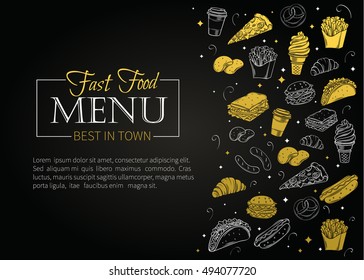 Fast food design menu. Vector hand drawn icons fast food. Illustration with snacks, hamburger, fries, hot dog, tacos, coffee, sandwich, ice cream in old ink style.