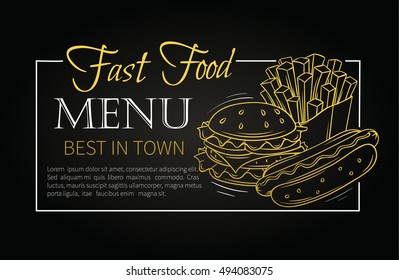 Fast food design menu. Vector hand drawn icons fast food. Illustration with snacks, hamburger, fries, hot dog, tacos, coffee, sandwich, ice cream in old ink style.