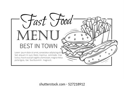 Fast food design menu. Vector hand drawn icons fast food. Illustration with snacks, hamburger, fries, hot dog, tacos, coffee, sandwich, ice cream in old ink style.