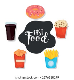 fast food design with related icons around over white background, colorful design, vector illustration