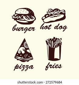 Fast food design set contains images of hot dog,burger,pizza, fries and text. Fast food design. Graphic style.