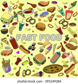 Fast food design vector line art. Hand drawn doodle design elements.