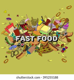 Fast food design vector line art. Hand drawn doodle design elements.