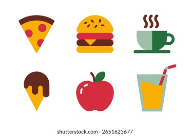 Fast food e sobremesa ícone coleção, pizza, hambúrguer, sorvete, maçã, café, suco, vetor moderno, lanche ilustração