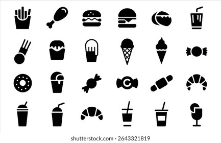 Fast food and dessert icons black glyph set