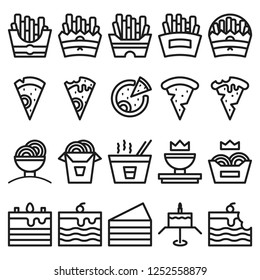 fast food and dessert, pizza, ramen, cake birthday, french fries, logo or icon with line style, isolated on 96 x 96 pixel.
