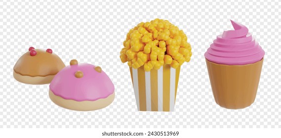 Comida rápida y postres 3d icono render clipart bundle colección