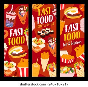 Fast food, desserts and drinks, vector egg burger, hamburger, corn dog, chicken wings and legs. Cartoon fastfood junk meal, popcorn, Hong Kong ice cream, sushi rolls, wok noodles, salad and shawarma