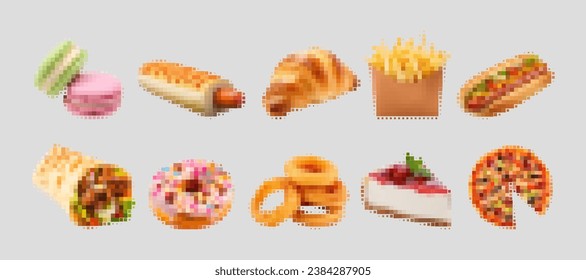Fast food and desserts from menu of street restaurant or cafe. High-calorie sandwiches and snacks to curb appetite. Italian pizza near fried potatoes and hot dogs with cheesecake. Fast food assortment