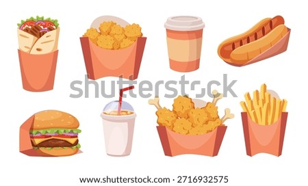 Fast food. Different trash products unhealthy fried potatoes coffee and cold drinks icecream and chips exact vector cartoon set