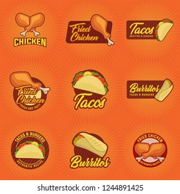 Fast food diner labels set. Fried chicken signs and banners. Playful signs collection perfect for food truck or fast food restaurant.