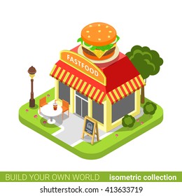 Fast food diner restaurant cafe shop burger shape building realty real estate concept. Flat 3d isometry isometric style web site app icon concept vector illustration. Build your own world collection.