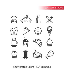 Fast Food Diner Or Restaurant Line Vector Icon Set. Burger, Hot Dog, Cake, Fries Symbols, Editable Stroke.