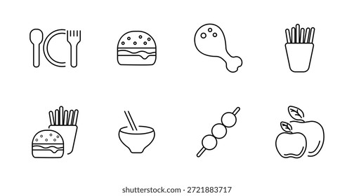 Icono de conjunto de comida rápida y comedor. Plato con cubiertos, hamburguesa, pata de pollo, patatas fritas, tazón con palillos, pincho, manzanas, comida y snack variaciones