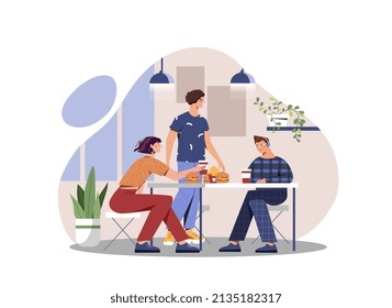 Fast food dinner. Group of friends sitting in cafe or restaurant with fries and hamburgers. Holidays at weekends, unhealthy lifestyle and diet. People indoor. Cartoon flat vector illustration