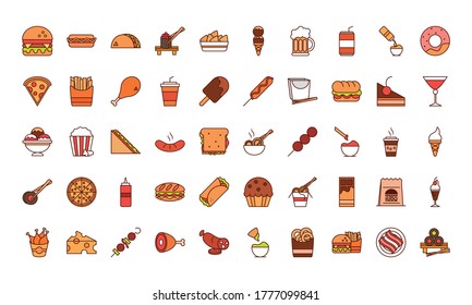 fast food dinner and menu, tasty meal and unhealthy, restaurant lunch icons set vector illustration line and fill style