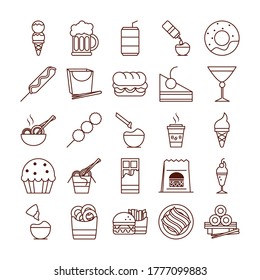 fast food dinner and menu, tasty meal and unhealthy, restaurant lunch icons set vector illustration line and fill style