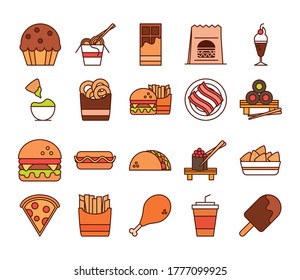 fast food dinner and menu, tasty meal and unhealthy, restaurant lunch icons set vector illustration line and fill style
