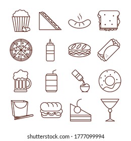 fast food dinner and menu, tasty meal and unhealthy, restaurant lunch icons set vector illustration line and fill style