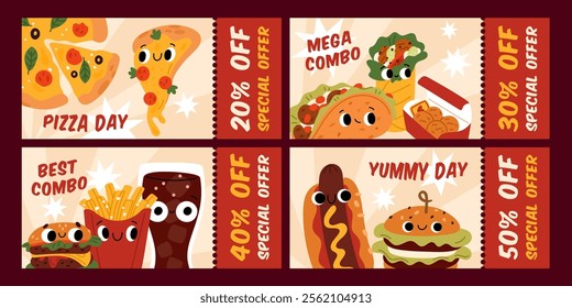 Fast food discount vouchers. Hot offers coupons design templates. Street food banners with sales. Compound meals. Promo tickets. Pizza or burger flyers. Cafe promotion