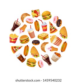 Fast Food Dishes in Circular Shape, Croissant, Donut, Ice Cream, Burger, Popcorn, Hamburger Seamless Pattern Vector Illustration
