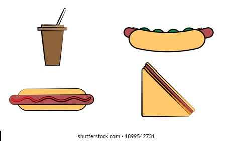 Fast Food Dishes, Drink and Dessert Set, Croissant, Ice Cream, Burger, Sandwich, Soda Drink, Hot Dog Vector Illustration