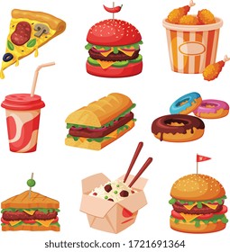 Fast Food Dishes with Drinks and Desserts Collection, Unhealthy Meal Vector Illustration