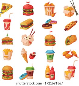 Fast Food Dishes with Drinks and Desserts Collection, Objects for Cafe or Restaurant Menu Vector Illustration