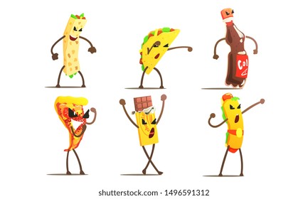 Fast Food Dishes Funny Characters Fighting Set, Pizza, Taco, Hot Dog, Burrito, Chocolate Bar, Soda Drink Vector Illustration