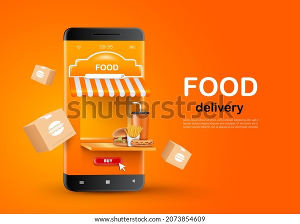 Fast food dishes are placed in front of the\
smartphone shop. And there are food boxes floating around for food\
delivery and online shopping concept design,vector3d on oragne\
background for\
advertising