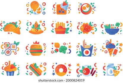 Fast Food Dishes Set, Drinks and Desserts Icons Collection Flat Vector Illustration