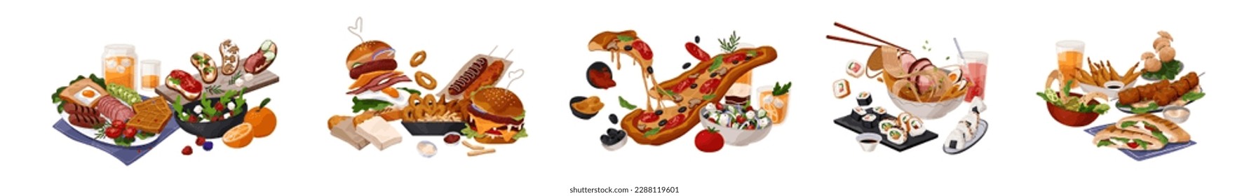 Fast food dishes set. Meals and snacks compositions with American, Italian, Asian eating. Lunches with burger, pizza, salad, soup, drink. Flat graphic vector illustrations isolated on white background