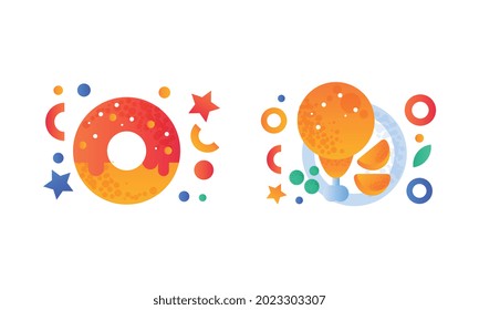 Fast Food Dishes Set, Sweet Glazed Donut, Fried Drumsticks Served on Plate Flat Vector Illustration
