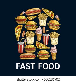 Fast food dishes in a shape of french fries in box with sketched hamburger, pizza, hot dog, sweet soda cup, fries, cheeseburger and strawberry ice cream cone