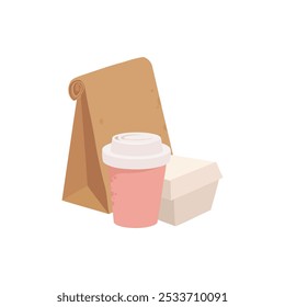 Fast food disposable container. Takeaway food delivery containers, carton box, paper bag and plastic cup for drinks flat vector illustration icon. Food delivery packaging on white background