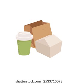 Fast food disposable container. Takeaway food delivery containers, carton box, paper bag and plastic cup for drinks flat vector illustration icon. Food delivery packaging on white background