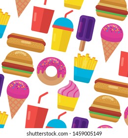 fast food donut burger hot dog ice cream soda background vector illustration