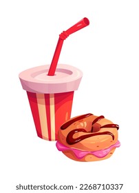 Fast food Donut with Strawberry Cream and Chocolate, Drink in a Paper Cup. Sweet food. Vector Illustration in Cartoon Style.