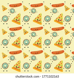 fast food (donuts, hotdog and pizza sliced) pattern with cartoon illustration
