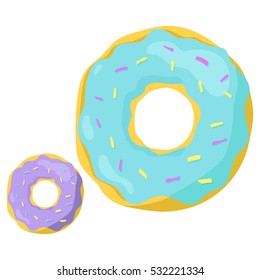 Fast food donuts icon. Vector illustration for bakery menu design. Cake image. Sweet glazed round pastry isolated on white background. Delicious doughnuts