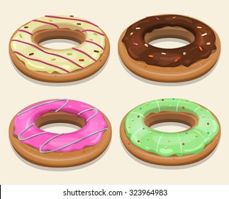 Fast Food Donuts/
Illustration of a funny cartoon set of american donuts, with various toppings, chocolate, strawberry,  pistachio, and vanilla flavor, for fast food sweets and desserts menu