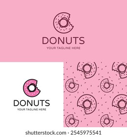 Fast Food Donuts Vector Flat Line Logo Branding Design on Pink and White Backgrounds. Simple Bakery Symbol of Dessert Street Food.