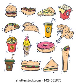 Fast Food Doodle art Set on Isolated White Background