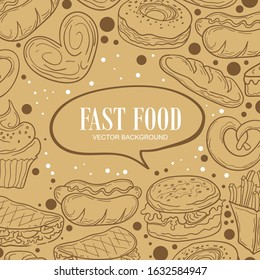 Fast food doodle background. Linear graphic of Junk food Vector illustration