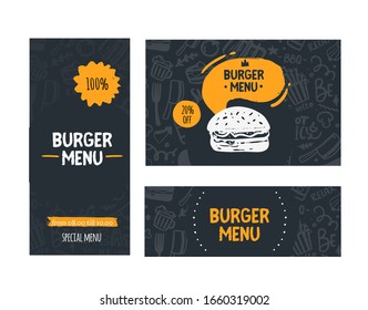 Fast food doodle banner menu restaurant set, Burger template, american hamburger illustration, brochure poster on black chalkboard