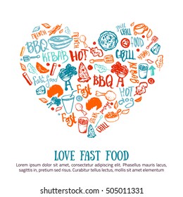 Fast food doodle banner in shape of heart. Hand-drawn set with barbeque accessories, lettering vector illustration on white background